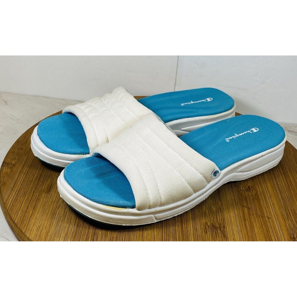 Champion Women's White and Blue Comfort Slides Size 8.5
